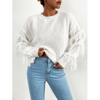 Women Crewneck Fringed Loose Sweater L White