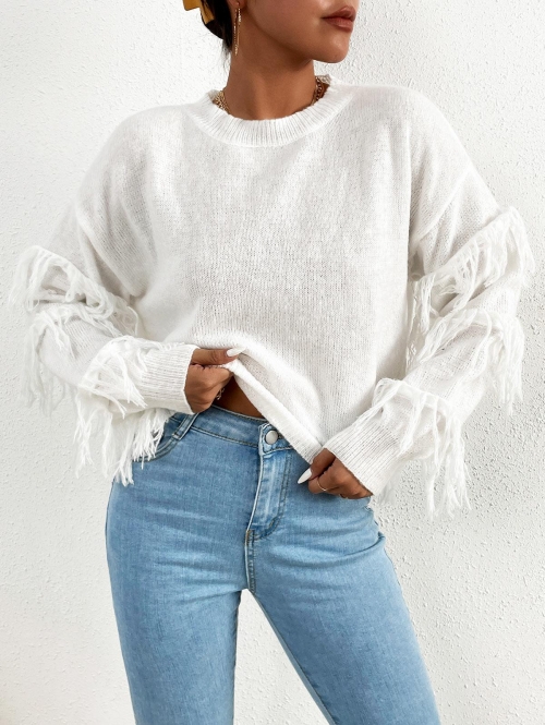 Women Crewneck Fringed Loose Sweater L White