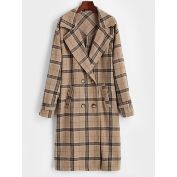 ZAFUL Plaid Double Breasted Wool Blend Coat L Dark khaki