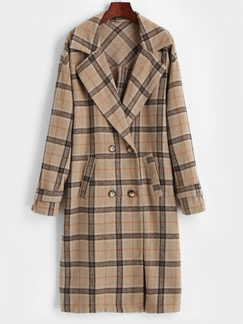 ZAFUL Plaid Double Breasted Wool Blend Coat L Dark khaki