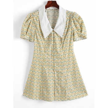 Print ZAFUL Retro Flat Collar Gingko Leaf Gigot Sleeve Dress M Light yellow