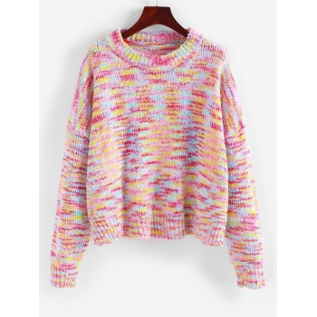 Women Drop Shoulder Rainbow Slouchy Sweater L Light pink