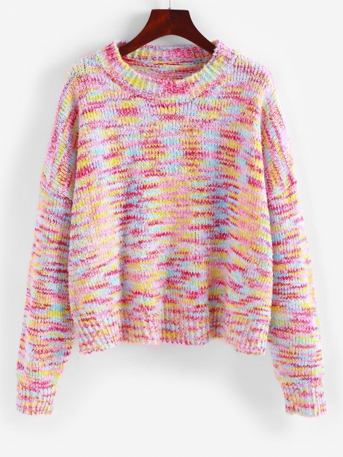 Women Drop Shoulder Rainbow Slouchy Sweater L Light pink