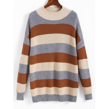 Women Striped Colorblock High Neck Drop Shoulder Sweater M