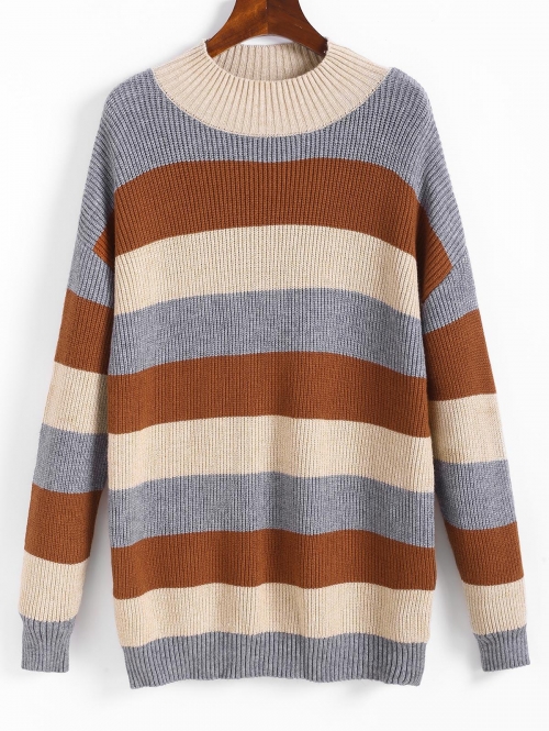 Women Striped Colorblock High Neck Drop Shoulder Sweater M