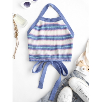 Women Tank Tops Halter Colorful Striped Backless Knit Crop Top L Blue