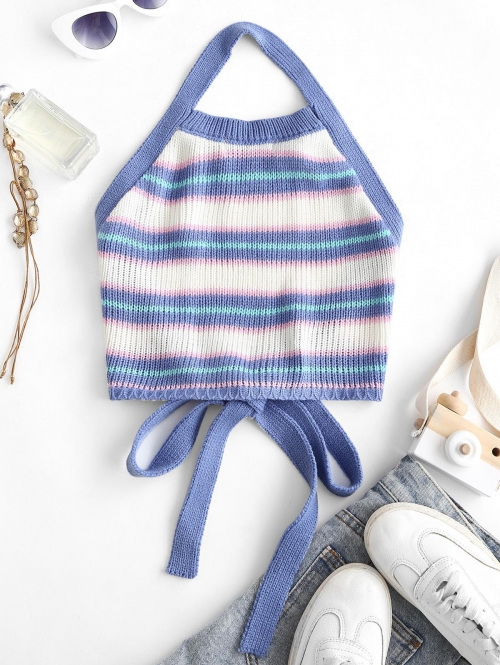 Women Tank Tops Halter Colorful Striped Backless Knit Crop Top L Blue