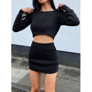 Crop Sweater and Bodycon Two Piece Skirt Set M Black