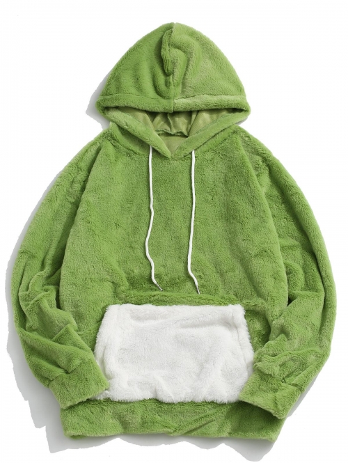 ZAFUL Men's Contrast Kangaroo Pocket Fluffy Faux Fur Hoodie 2xl Light green