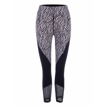 Women Sports Zebra Fishnet Sheer Topstitch Ninth Leggings S Black