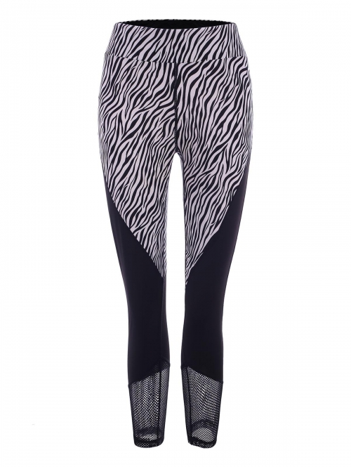 Women Sports Zebra Fishnet Sheer Topstitch Ninth Leggings S Black