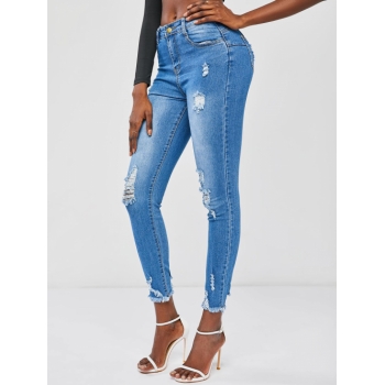 Ripped Distressed Frayed Hem Skinny Jeans L Blue