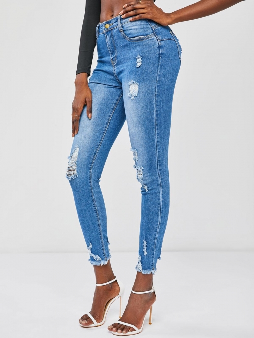 Ripped Distressed Frayed Hem Skinny Jeans L Blue