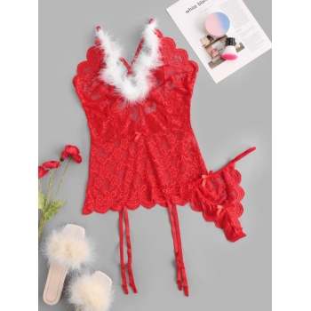 Feather Trim Lace Gartered Bustier Set S Red