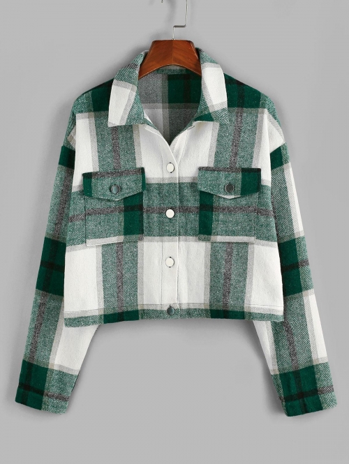 ZAFUL Plaid Drop Shoulder Pocket Jacket M Green