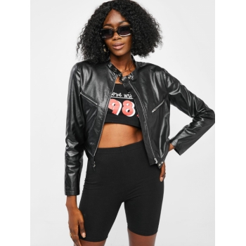 ZAFUL Zippered Front Faux Leather Racing Biker Jacket S Black