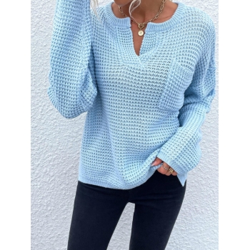 Women Loose High Low Side Slit Sweater S Light blue