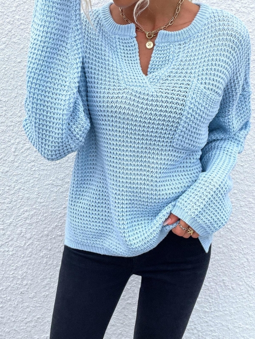 Women Loose High Low Side Slit Sweater S Light blue