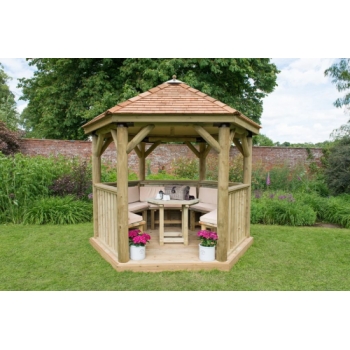 Forest Garden 3m Hexagonal Wooden Garden Gazebo with Cedar Roof - Furnished with Table, Benches and Cushions (Cream)