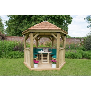 Forest Garden 3m Hexagonal Wooden Garden Gazebo with Cedar Roof - Furnished with Table, Benches and Cushions (Green)