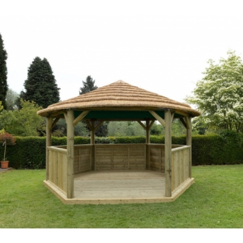 Forest Garden 4.7m Hexagonal Wooden Garden Gazebo with Thatched Roof - Green Lining