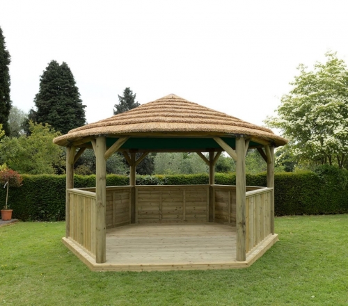 Forest Garden 4.7m Hexagonal Wooden Garden Gazebo with Thatched Roof - Green Lining