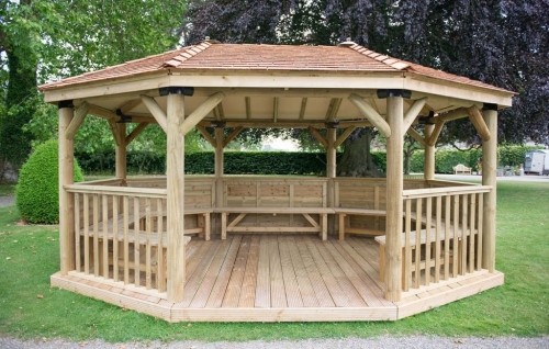 Forest Garden 5.1m Premium Oval Wooden Gazebo with Cedar Roof and Benches (Installation Included)