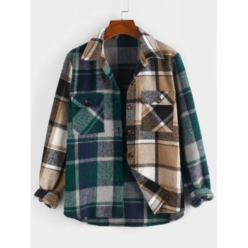 ZAFUL Color Blocking Plaid Checked Flannel Chest Pocket Shacket L Deep green