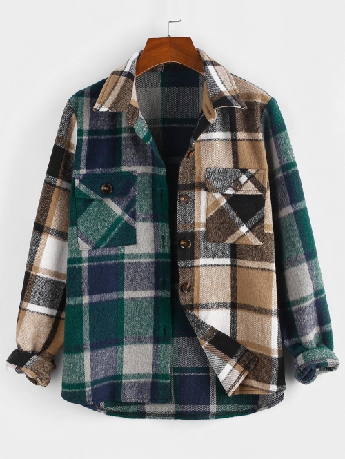 ZAFUL Color Blocking Plaid Checked Flannel Chest Pocket Shacket L Deep green