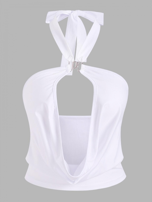 Women Tank Tops Halter Cowl Neck Cutout Metal Top S White