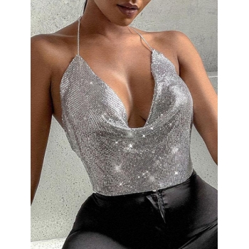 Women Tank Tops 90s Sparkle Party Halter Top Night-out Rhinestones Chainmail Cowl Front Cami V-neck Thin Straps Sexy Top M Silver