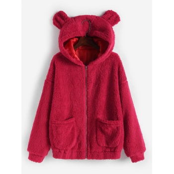 ZAFUL Hooded Faux Shearling Pocket Teddy Jacket M Red