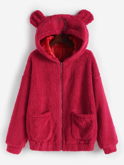 ZAFUL Hooded Faux Shearling Pocket Teddy Jacket M Red