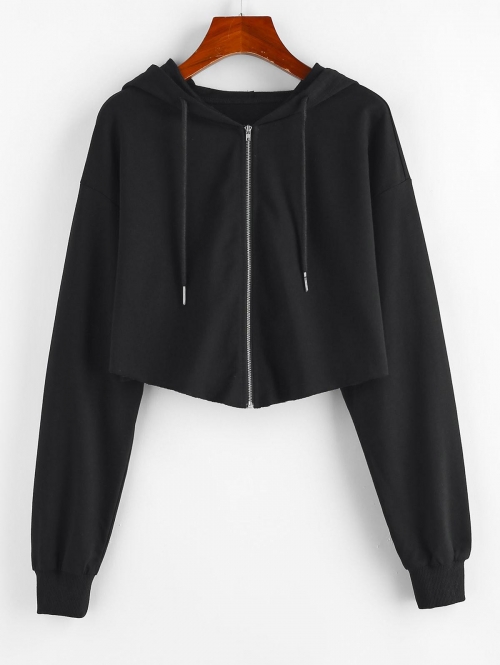 Women Hoodies ZAFUL Raw Hem Zip Up Cropped Hoodie L Black