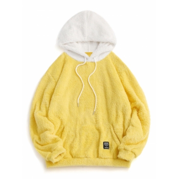 ZAFUL Men's Colorblock Splicing Drawstring Fluffy Fleece Hoodie Xl Yellow