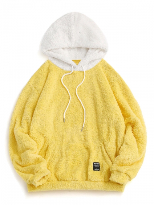 ZAFUL Men's Colorblock Splicing Drawstring Fluffy Fleece Hoodie Xl Yellow