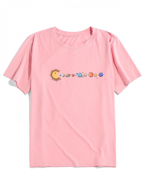 ZAFUL Celestial Planet Printed Short Sleeves T-shirt S Pink