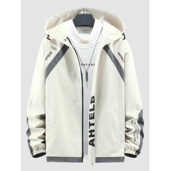 ZAFUL Men's Streetwear Raglan Sleeve Colorblock Letter Graphic Hooded Zip Jacket Xl Warm white