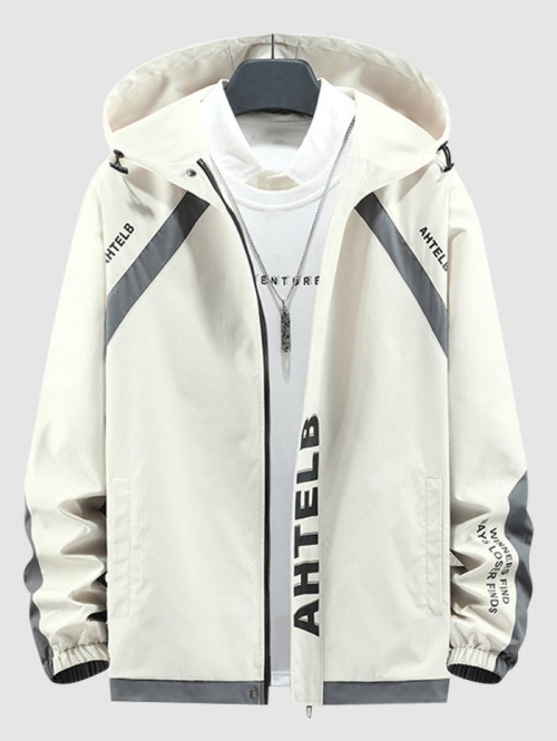 ZAFUL Men's Streetwear Raglan Sleeve Colorblock Letter Graphic Hooded Zip Jacket Xl Warm white