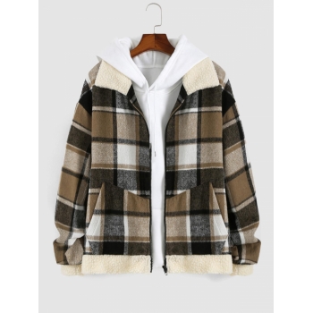 ZAFUL Men's ZAFUL Plaid Pattern Faux Fur Trim Zip Jacket Xxl Coffee