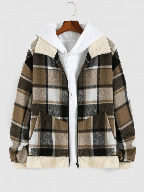 ZAFUL Men's ZAFUL Plaid Pattern Faux Fur Trim Zip Jacket Xxl Coffee