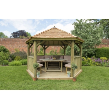 Forest Garden Furnished 4.0m Premium Hexagonal Wooden Garden Gazebo with Cedar Roof  - Cream (Installation Included)