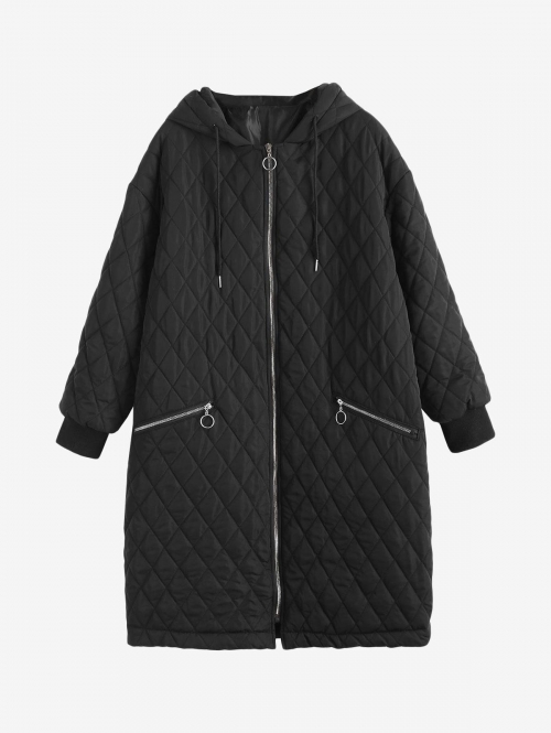 Long Hooded Zippered Pockets Quilted Coat L Black