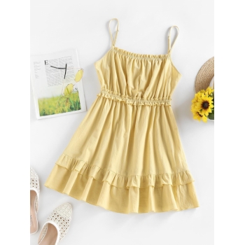 Casual ZAFUL Layered Flounce Ruched Frilled Cami Dress M Light yellow