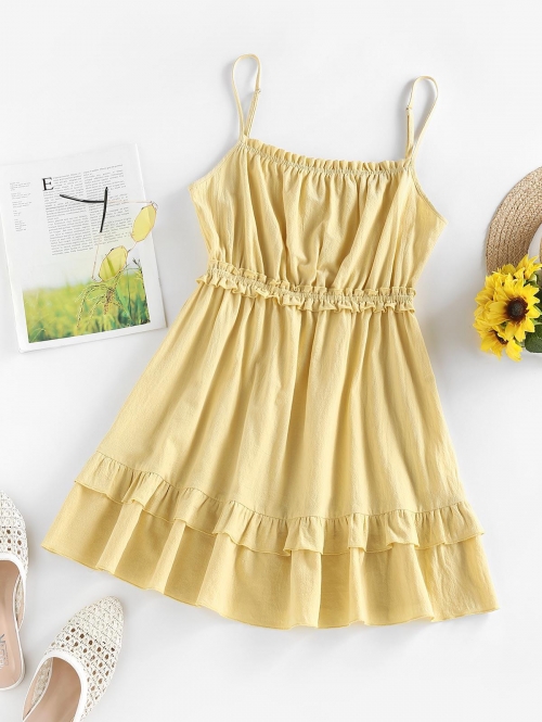 Casual ZAFUL Layered Flounce Ruched Frilled Cami Dress M Light yellow