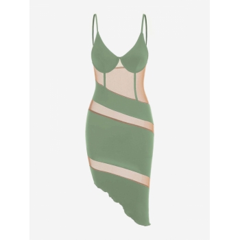 Bodycon Dress Mesh Panel Slinky Asymmetrical Corset Bustier Dress S Green