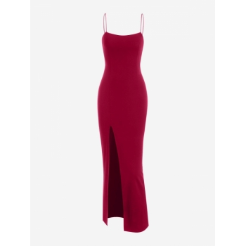 Bodycon Dress Slit Floor-length Dress Summer High Stretch Sleeveless Daily Wedding Guest Spaghetti Strap Thigh Split Slinky Bodycon Dress M Red