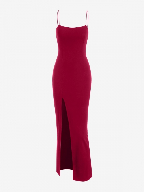 Bodycon Dress Slit Floor-length Dress Summer High Stretch Sleeveless Daily Wedding Guest Spaghetti Strap Thigh Split Slinky Bodycon Dress M Red