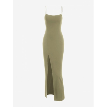 Bodycon Dress Slit Floor-length Dress Summer High Stretch Sleeveless Daily Wedding Guest Spaghetti Strap Thigh Split Slinky Bodycon Dress S Green