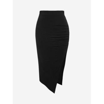 ZAFUL Ruched Thigh Split Asymmetrical Bodycon Skirt Cocktail Party Daily Fall Spring Elastic Waist Fitted Midi Skirt (High Stretch Fabric) L Black